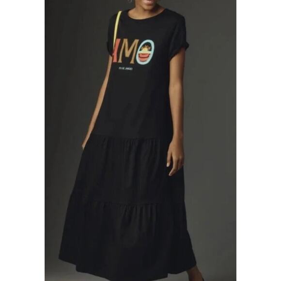 Farm Rio for Anthropologie Tiered T-Shirt Amo Maxi Dress Size Medium Black - Picture 2 of 14
